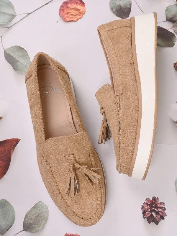 Women Beige Solid Tassel Loafers