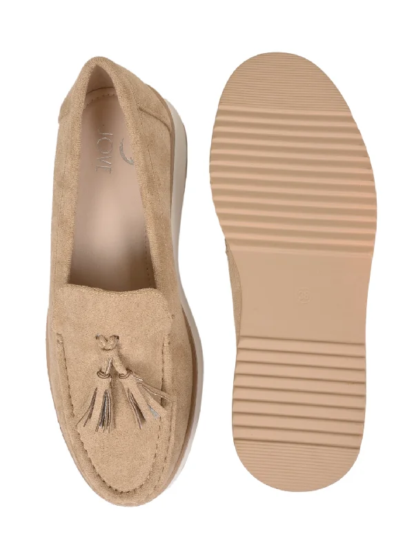 Women Beige Solid Tassel Loafers