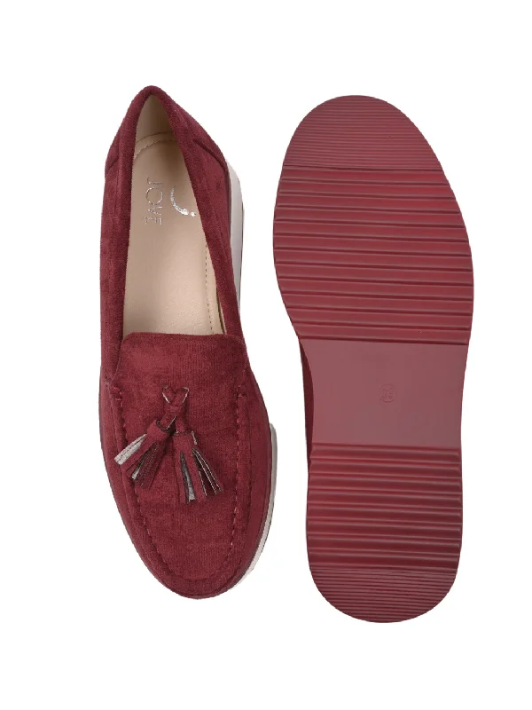 Women Maroon Solid Tassel Loafers