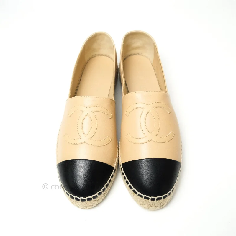 Chanel Espadrille Black Beige Leather Size 39