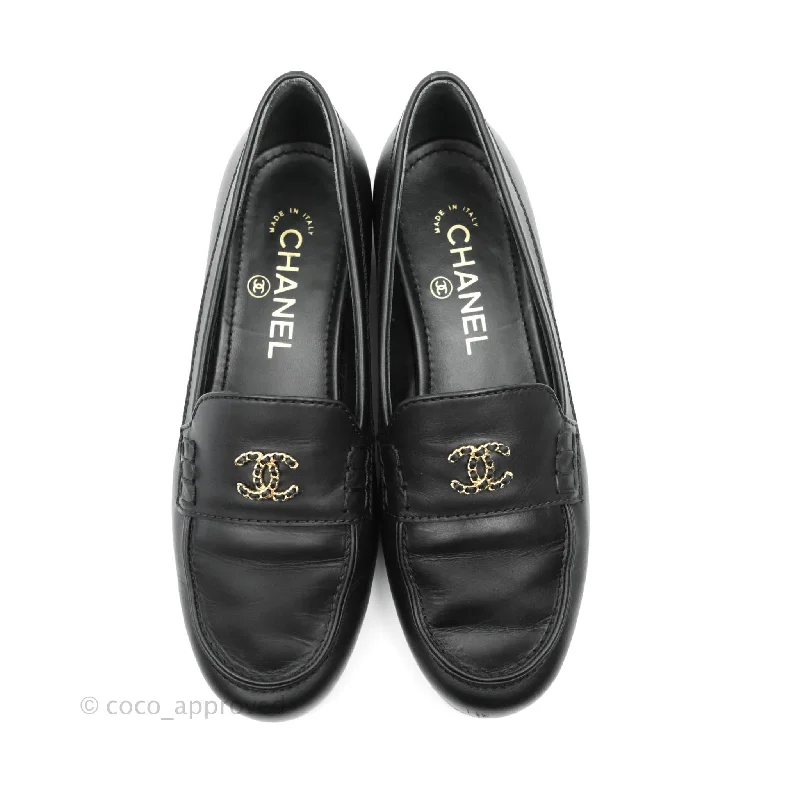 Chanel CC Black Leather Loafers Gold Hardware Size 36.5