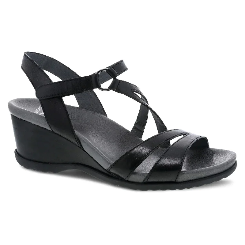 Dansko Women's Addyson Wedge Sandal in Black Glazed Leather