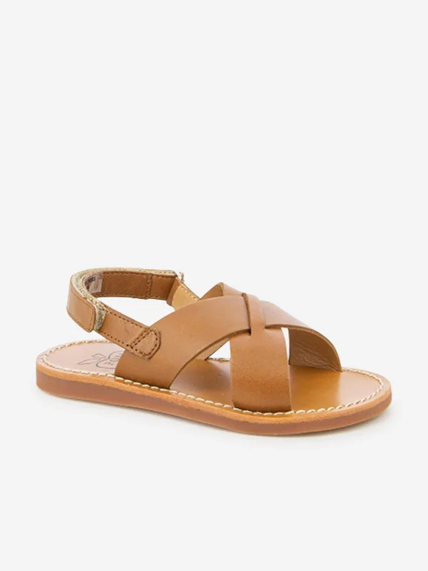 Pom D'Api Kids Leather Plage Stitch Cross Sandals in Brown