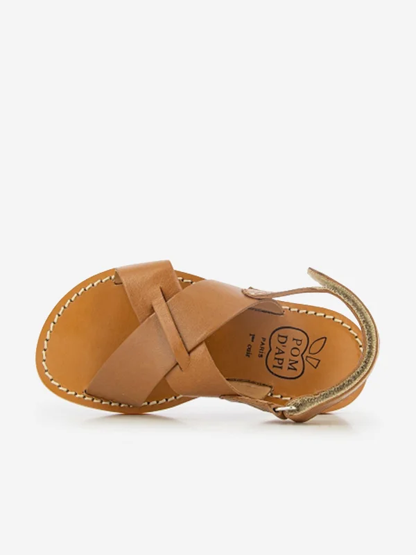 Pom D'Api Kids Leather Plage Stitch Cross Sandals in Brown