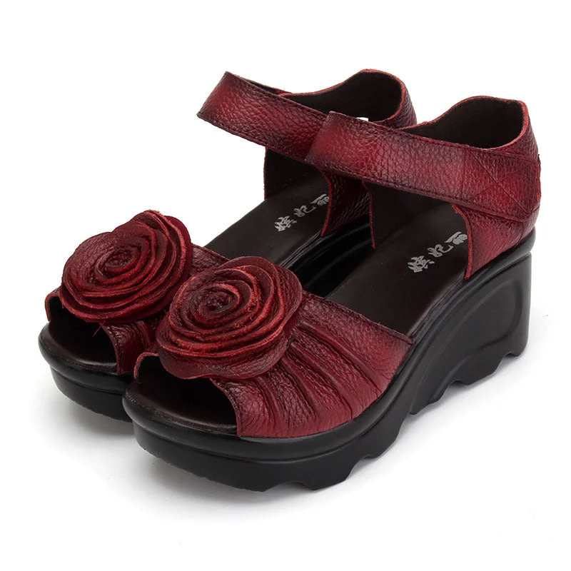 Women Summer Retro Leather Wedge Sandals